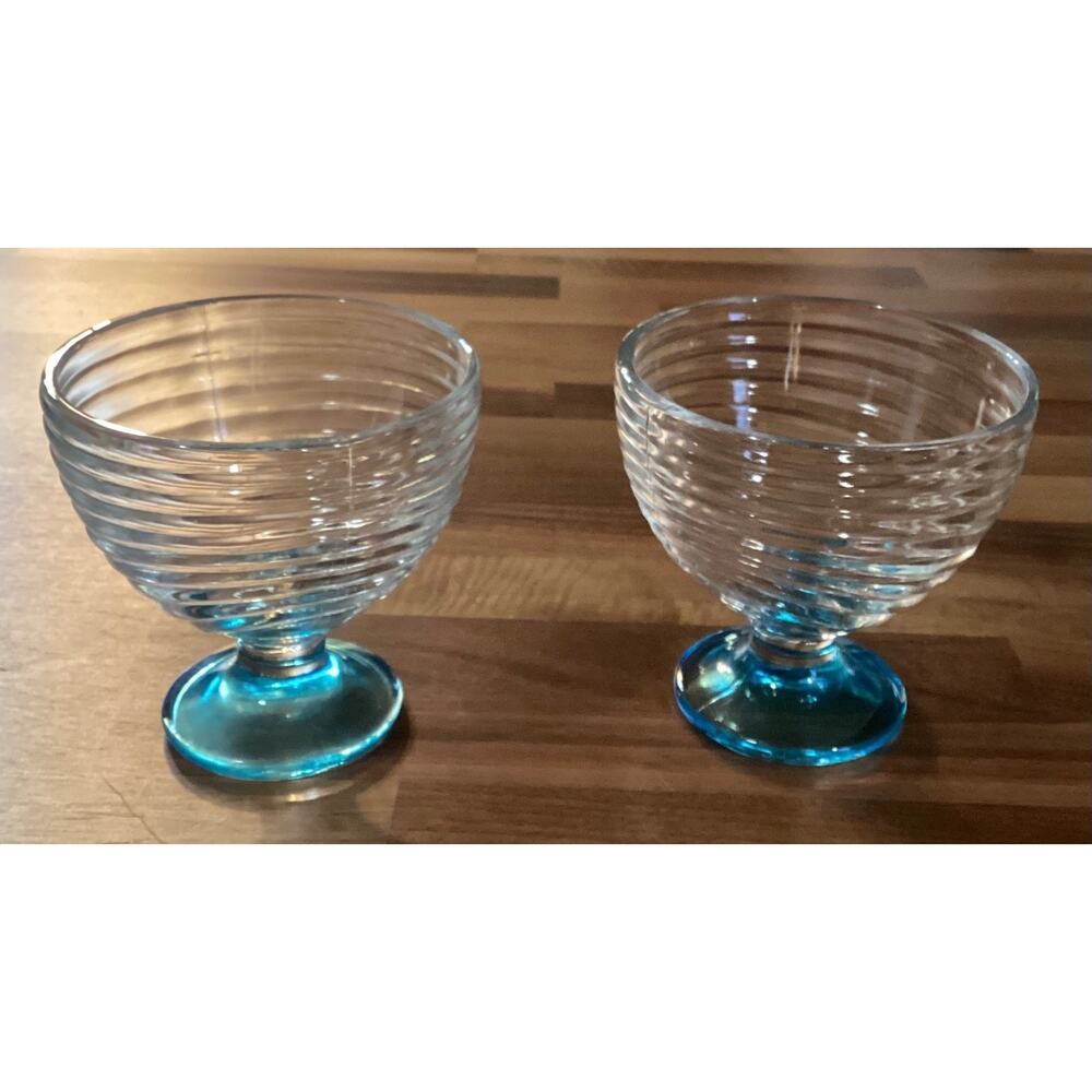 Set of 2 Blue Manhattan Park Anchor Hocking Depression Glass 4” Dessert Bowls